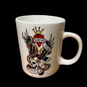 Ed Hardy Coffee Mug Tattoos Skulls Cup Ceramic Roses Dice Vintage 2006 New York
